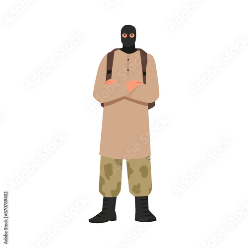 East Islamic commandos terrorist in black mask and backpack standing, criminal in balaclava long shirt extremism vector