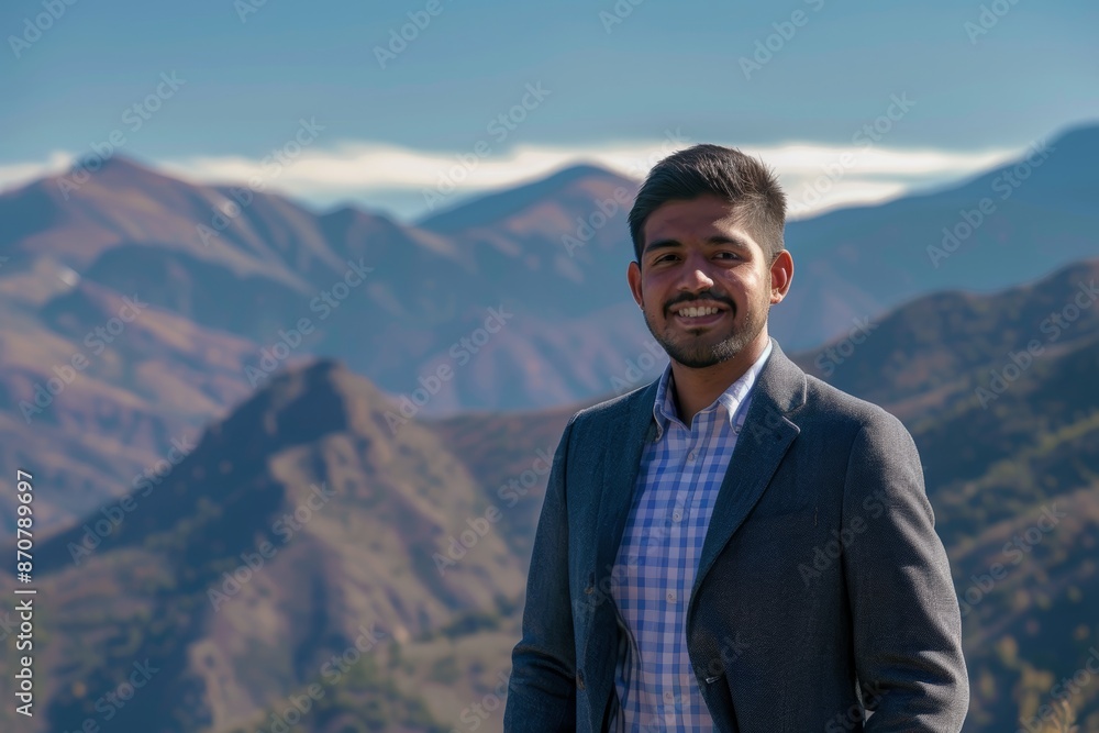 Portrait of a merry indian man in his 30s wearing a professional suit jacket in front of panoramic mountain vista Portrait of a merry indian man in his 30s wearing a professional suit jacket in front of panoramic mountain vista