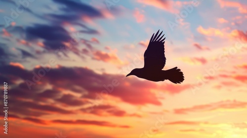 Bird in Silhouette Flying towards Colorful Sunset Sky Banner