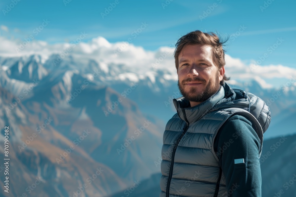 Portrait of a tender man in his 30s dressed in a breathable mesh vest isolated on panoramic mountain vista Portrait of a tender man in his 30s dressed in a breathable mesh vest isolated on panoramic mountain vista