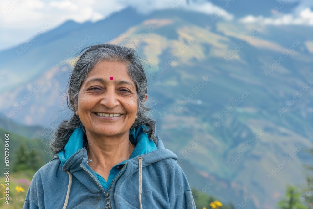 Portrait of a merry indian woman in her 40s sporting a comfortable hoodie isolated in panoramic mountain vista Portrait of a merry indian woman in her 40s sporting a comfortable hoodie isolated in panoramic mountain vista