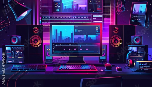 Video editing software, timeline and tools, flat design illustration