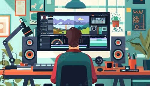 Video editing software, timeline and tools, flat design illustration