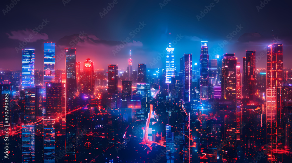 Fototapeta premium Isometric smart city design concept. Business center with skyscrapers and intelligent buildings,IOT for the internet of things
