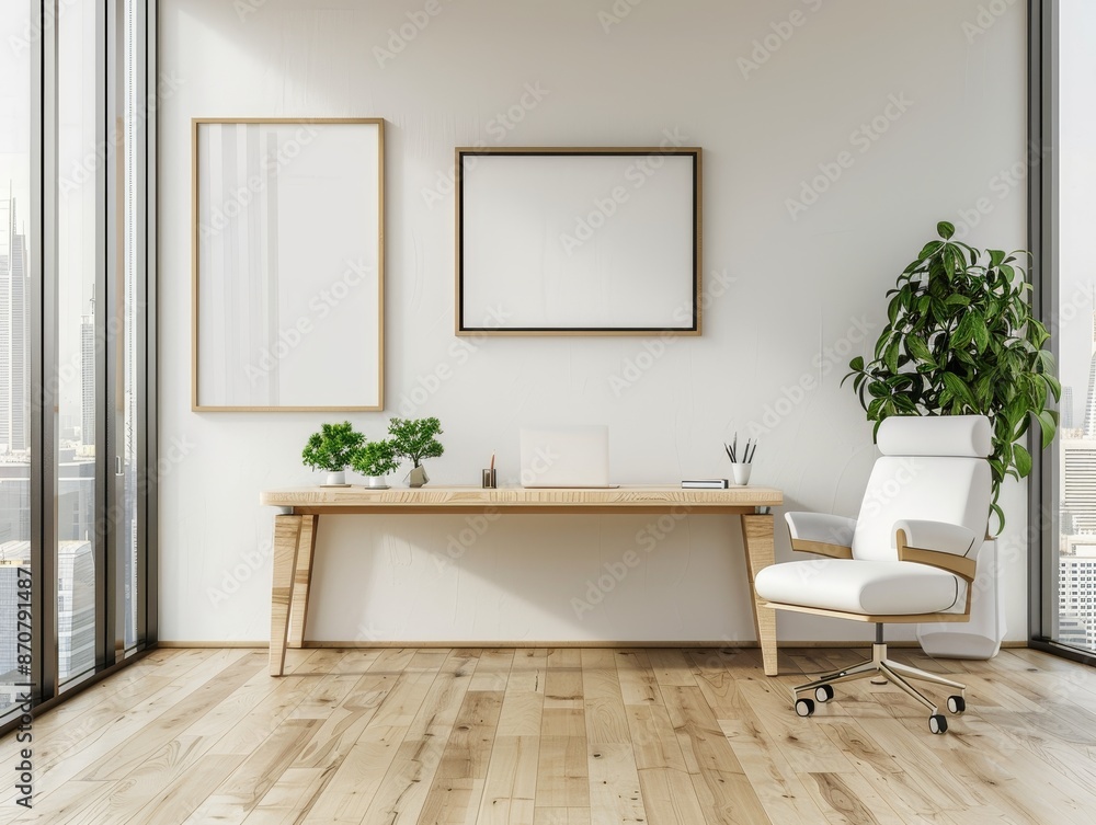 White open space office interior with blank wall White open space office interior with blank wall