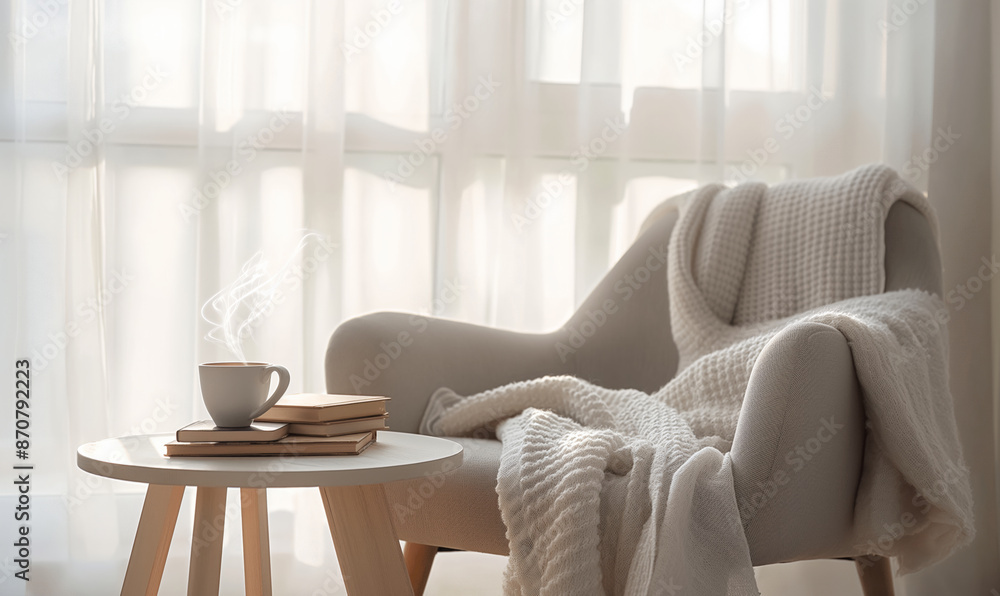 Serene and cozy reading nook with a comfortable chair, a warm blanket, a steaming cup of coffee on a small table, and soft natural light from a window Serene and cozy reading nook with a comfortable chair, a warm blanket, a steaming cup of coffee on a small table, and soft natural light from a window