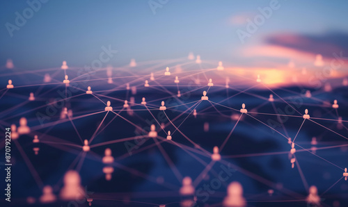Abstract network of interconnected glowing icons of people against a blurred gradient background in pink and purple hues, representing digital community and connectivity