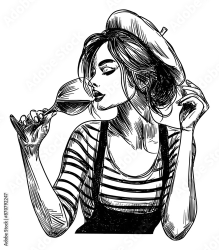 young woman holding wine glass isolated hand drawn sketch illustration wearing beret and a striped top for wine tasting French culture summertime vacation poster card design