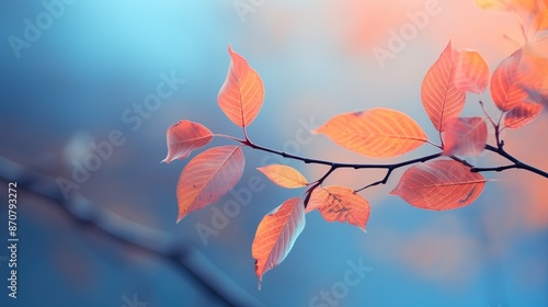 Enchanting Leaves: Closeup of Vibrant Colorful Leaves on Branch with Soft Blue and Pink Hues