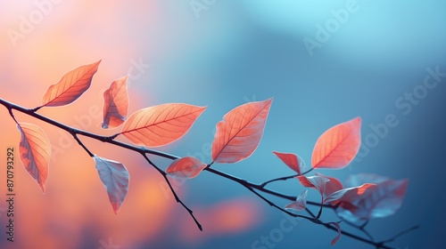 Enchanting Leaves: Closeup of Vibrant Colorful Leaves on Branch with Soft Blue and Pink Hues