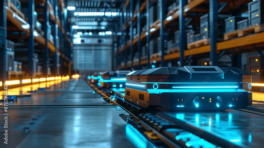 AIpowered warehouse management optimizing routes for robots, smart logistics, focus on, data analysis, futuristic, manipulation, control room backdrop AIpowered warehouse management optimizing routes for robots, smart logistics, focus on, data analysis, futuristic, manipulation, control room backdrop