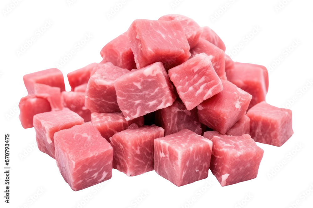 Finely minced pork Isolated cubes on white background Clearly shows the texture and color of the pork chops, isolated on white background.