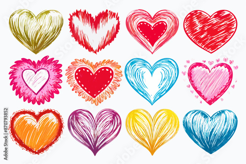 A collection of brightly colored handdrawn hearts against a white backdrop