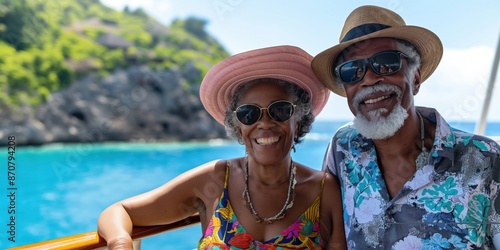 A photo of happy senior couple on a cruise ship, wearing colourful bright clothes on a sunny day. Travel and tourism concept.