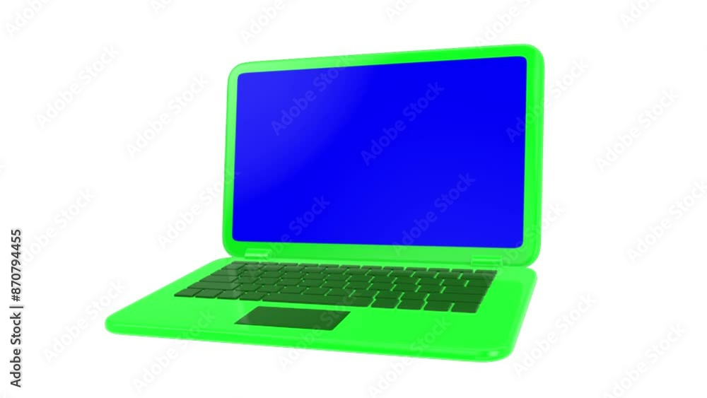 animation of opening a laptop in light green with a blue screen animation of opening a laptop in light green with a blue screen