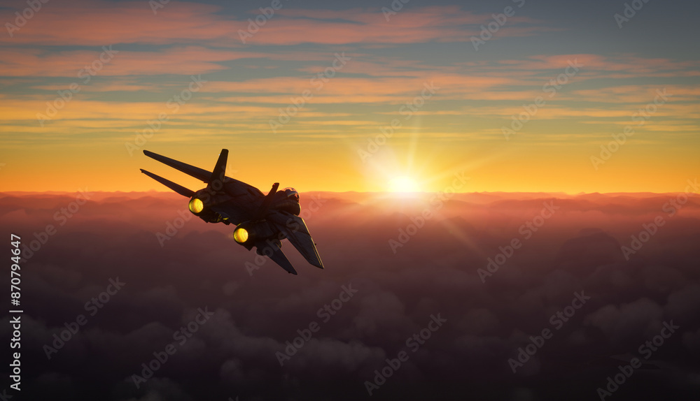 Fototapeta premium Silhouette of militar aircraft flying over the clouds in amazing sunset
