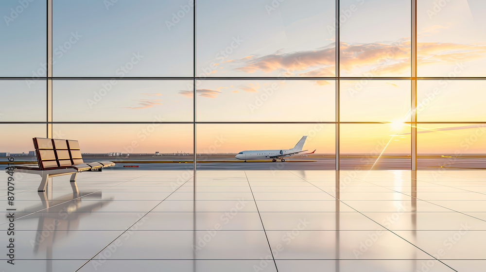 Fototapeta premium The photo shows an empty airport terminal with a large window looking out onto the runway.