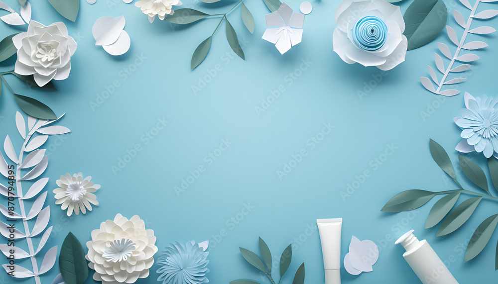 Cosmetic products, paper flowers and leaves on light blue background with space for text Cosmetic products, paper flowers and leaves on light blue background with space for text
