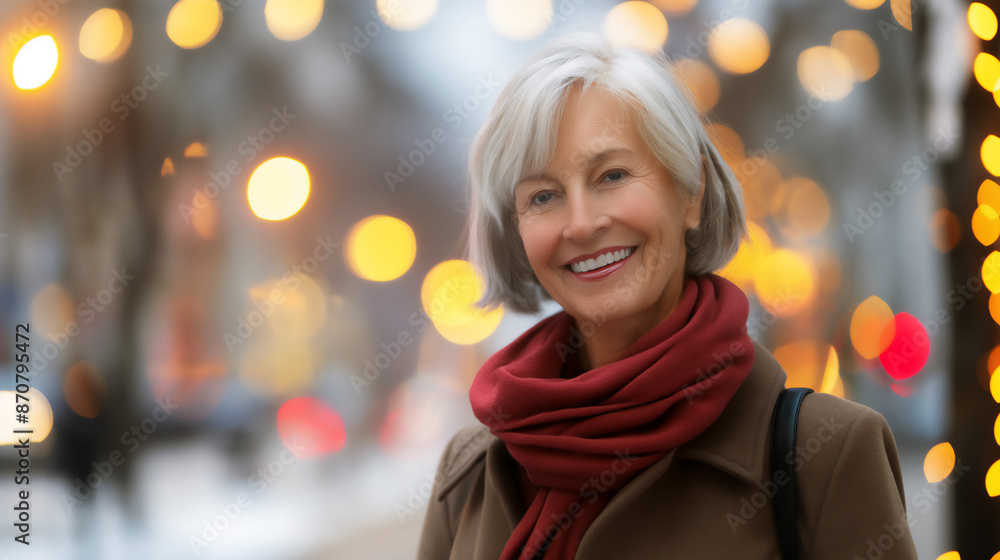 Confident and happy Caucasian older woman, dressed for winter with red cashmere scarf, bokeh street scene in background, copy space Confident and happy Caucasian older woman, dressed for winter with red cashmere scarf, bokeh street scene in background, copy space