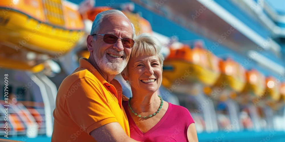 A photo of happy senior couple on a cruise ship, wearing colourful bright clothes on a sunny day. Travel and tourism concept. A photo of happy senior couple on a cruise ship, wearing colourful bright clothes on a sunny day. Travel and tourism concept.