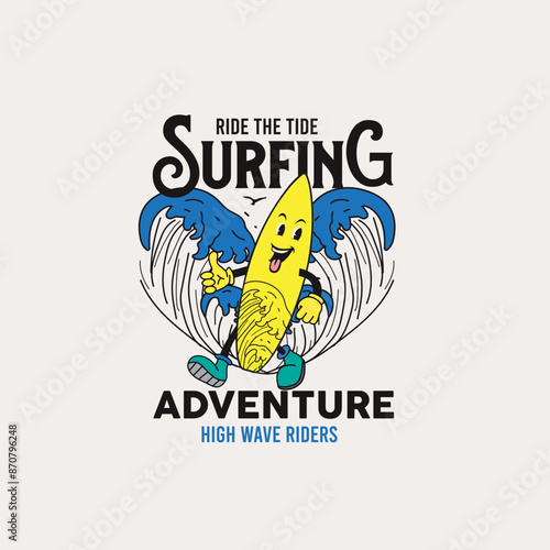 Ride the tide Surfing Adventure Wave rider funny cartoon surf board graphic design