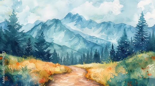 Flat design mountain trail adventure, watercolor illustration, vibrant and natural color scheme, copy space for text