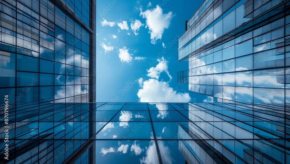 A modern glass building with blue sky and clouds reflecting in the windows A modern glass building with blue sky and clouds reflecting in the windows