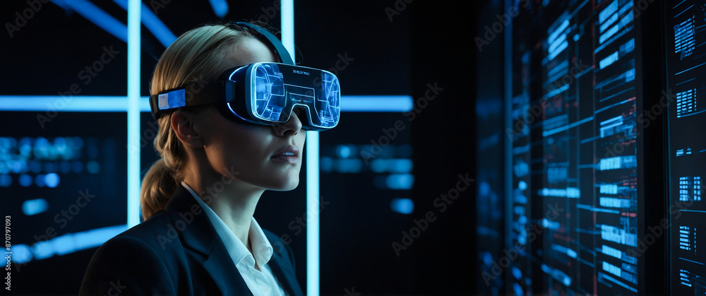 Fototapeta premium A blonde woman is wearing VR glasses to monitor digital information in a dark room with a blue neon screen, inside a digital technology laboratory.