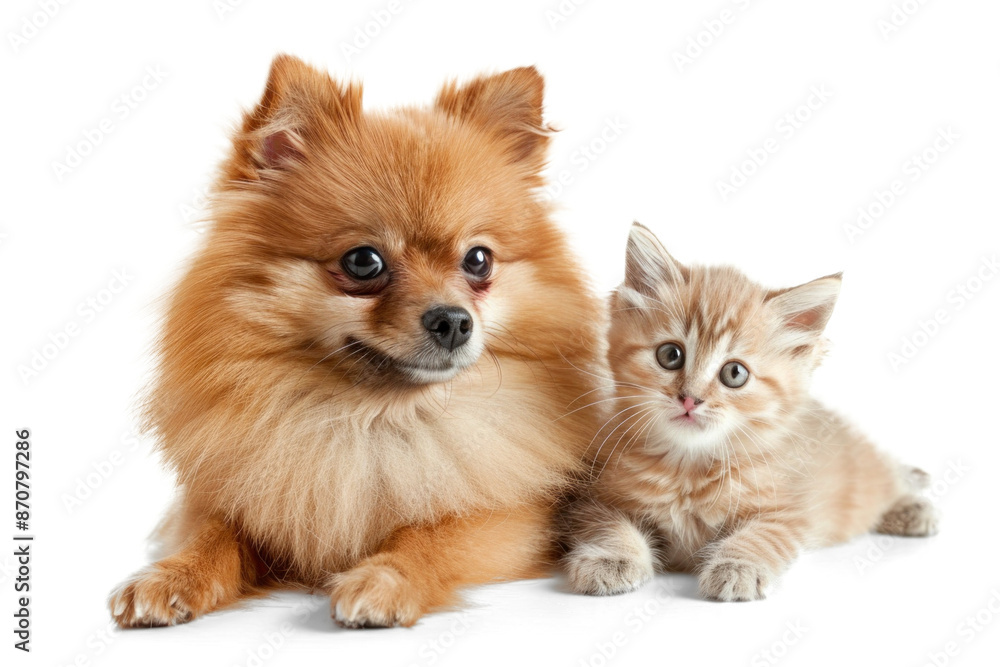 Pomeranian Dog and Tabby Kitten on Transparent Background Pomeranian Dog and Tabby Kitten on Transparent Background