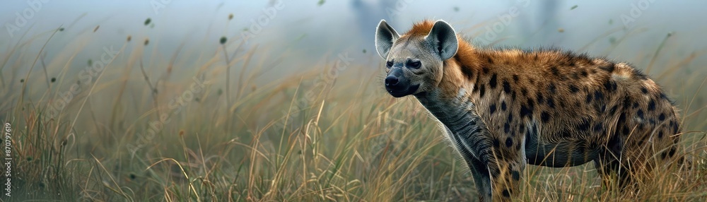 Fototapeta premium Solitary hyena standing amidst tall grass in a misty savannah landscape, showcasing the wild predator's natural habitat.