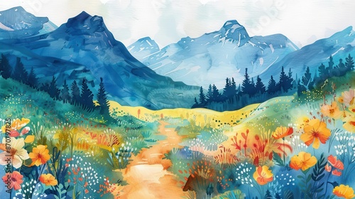 Vibrant flat design of a mountain hiking path, watercolor illustration, bold and cheerful colors, copy space for text