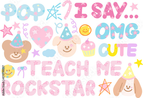Pastel illustration of teddy bear, puppy, party hat, candy cane, heart, happy emoji, cupcake, star, wordings of rockstar, omg, cute, pop for cartoon, character, animal print, font, sticker, logo, icon