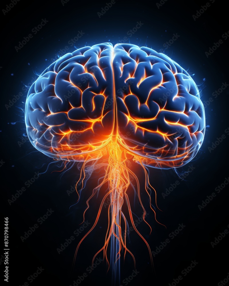 Detailed mri scan of human brain with orange regions on black background for medical presentations Detailed mri scan of human brain with orange regions on black background for medical presentations