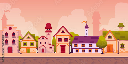 Summer medieval European city, flat vector illustration.
