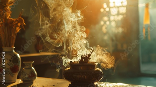 The smoke from the incense creates a mystical ambiance, perfect for a spiritual or sacred space.