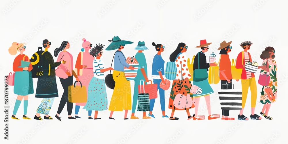 Fototapeta premium A group of people are walking down a street, some of them carrying shopping bags. The image has a lively and bustling atmosphere, with people of different ages and styles walking together