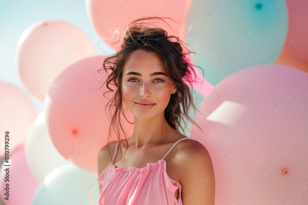 Hispanic woman with pink balloons in the background. Hispanic woman with pink balloons in the background.