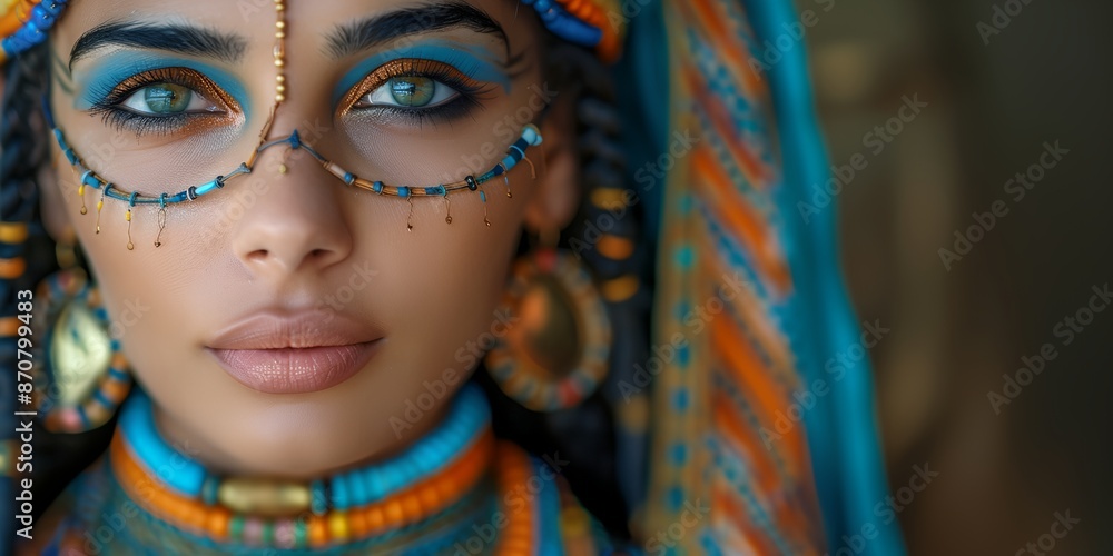 A woman with blue and orange clothing and gold earrings. She has green eyes and a tan complexion A woman with blue and orange clothing and gold earrings. She has green eyes and a tan complexion