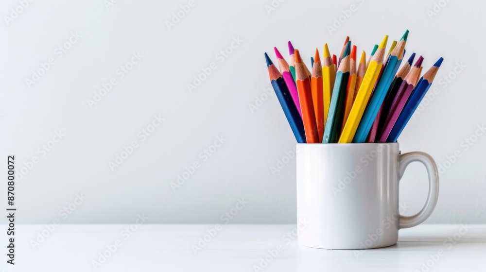 Color pencils arranged in a mug on a plain white surface, with copy space Color pencils arranged in a mug on a plain white surface, with copy space