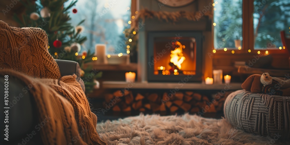A cozy living room with a fireplace and a Christmas tree. The room is decorated with a warm and inviting atmosphere A cozy living room with a fireplace and a Christmas tree. The room is decorated with a warm and inviting atmosphere