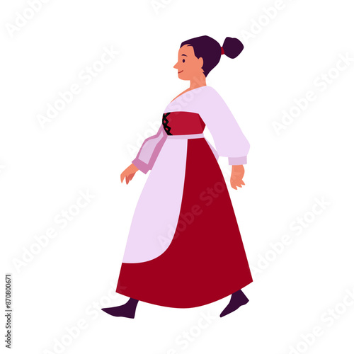 Girl in vintage dress, flat vector illustration on isolated background.