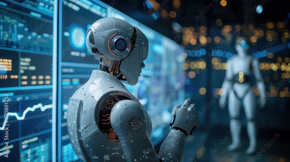 A team of data scientists is deeply engrossed in analyzing complex algorithms displayed on multiple screens, while AI-powered robots assist in the background. A team of data scientists is deeply engrossed in analyzing complex algorithms displayed on multiple screens, while AI-powered robots assist in the background.