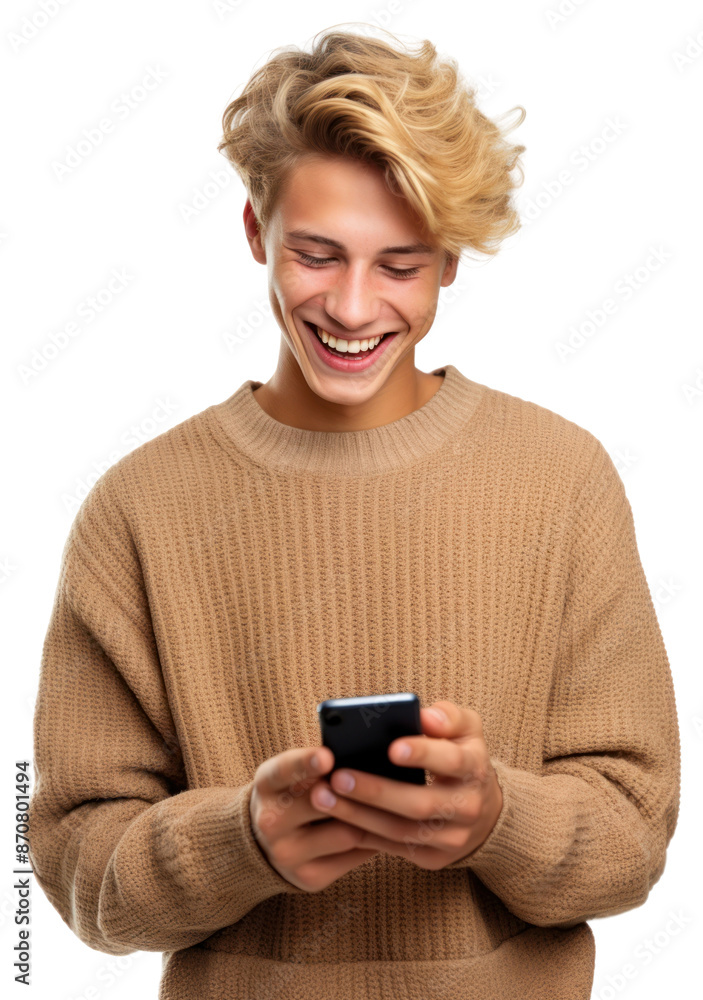 PNG Young man smiling at phone PNG Young man smiling at phone