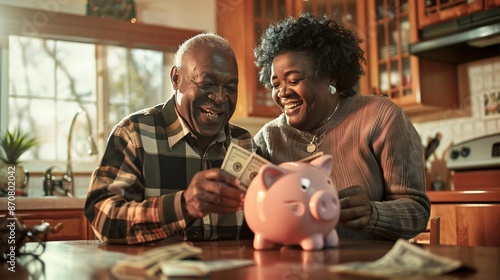 Happy senior couple counting money and putting money in piggy bank.

