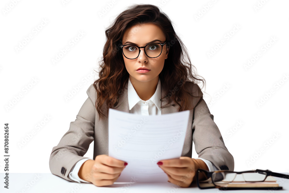 A businesswoman looks serious, focused, and is checking documents. Read the document carefully on a white background A businesswoman looks serious, focused, and is checking documents. Read the document carefully on a white background