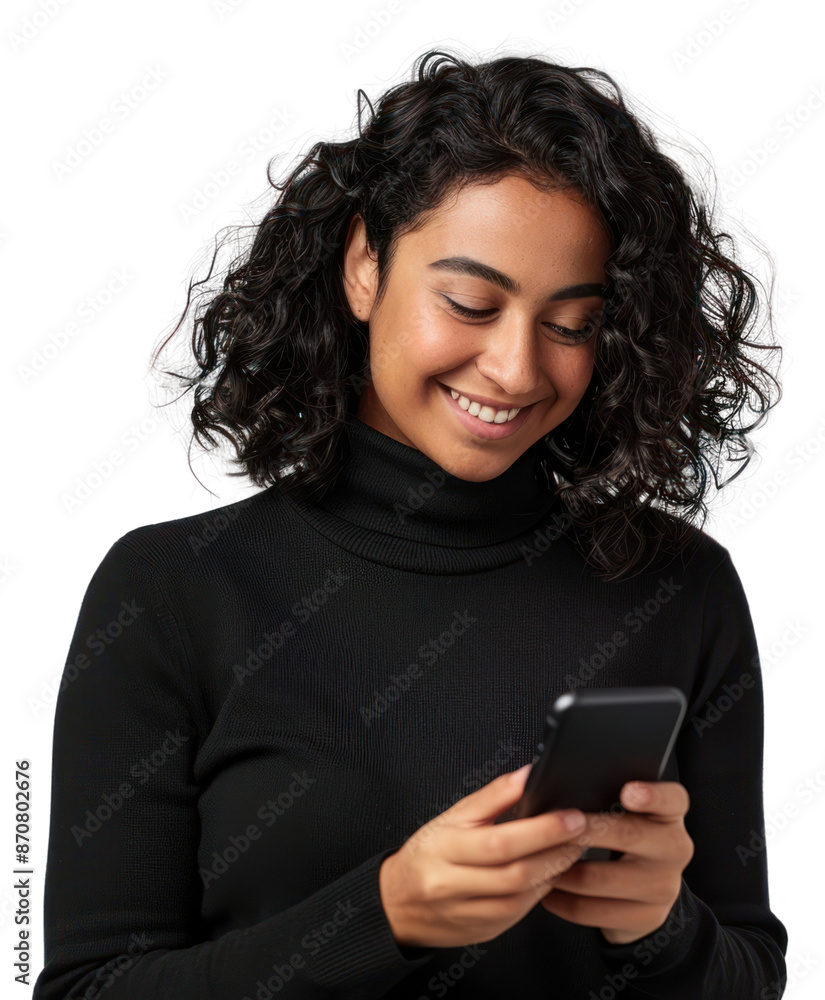PNG Smiling woman using smartphone PNG Smiling woman using smartphone