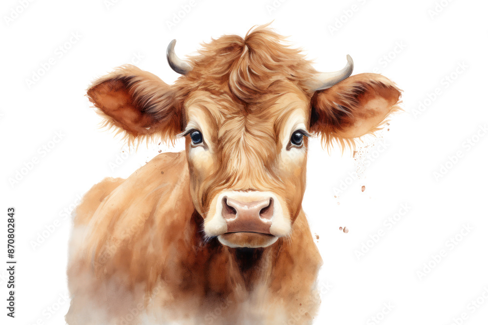 A cow in a standing position, eating grass, conveys liveliness and interest. Isolated on white background. A cow in a standing position, eating grass, conveys liveliness and interest. Isolated on white background.