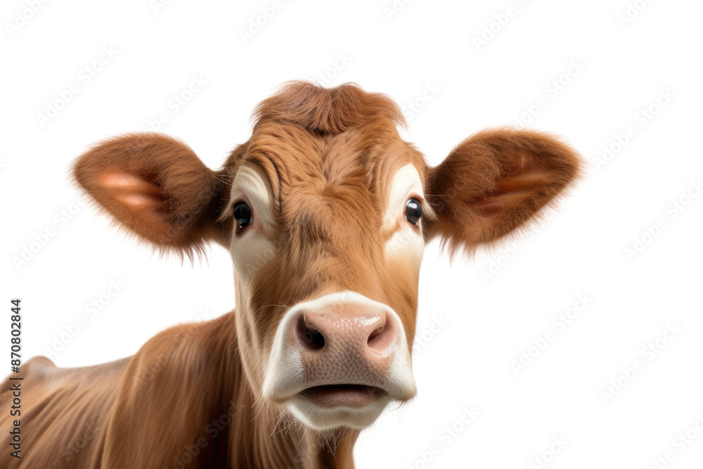 A cow in a standing position, eating grass, conveys liveliness and interest. Isolated on white background. A cow in a standing position, eating grass, conveys liveliness and interest. Isolated on white background.