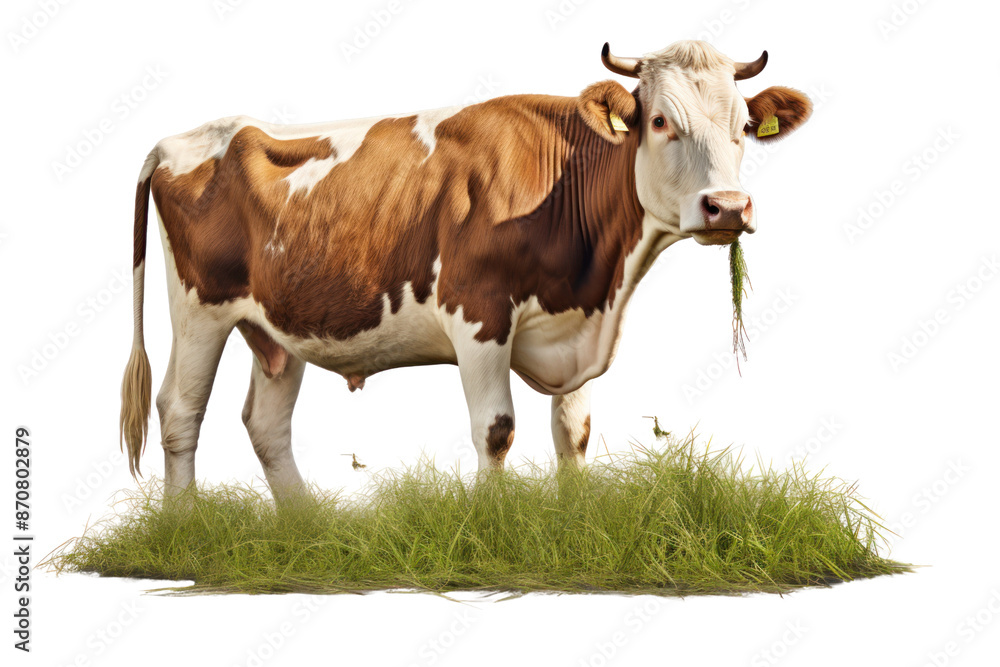 A cow in a standing position, eating grass, conveys liveliness and interest. Isolated on white background. A cow in a standing position, eating grass, conveys liveliness and interest. Isolated on white background.