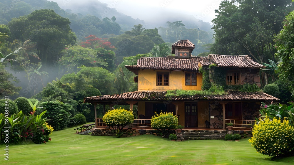 A beautiful house in the middle of a lush green forest A beautiful house in the middle of a lush green forest